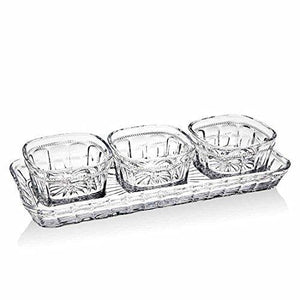Set of 4 Crystal Appetizer Relish Dish, Three Square Appetizer and Snack Condiment Pots, And One Serving Tray, 4-Piece Serving Platter, Bowls - Le'raze by G&L Decor Inc
