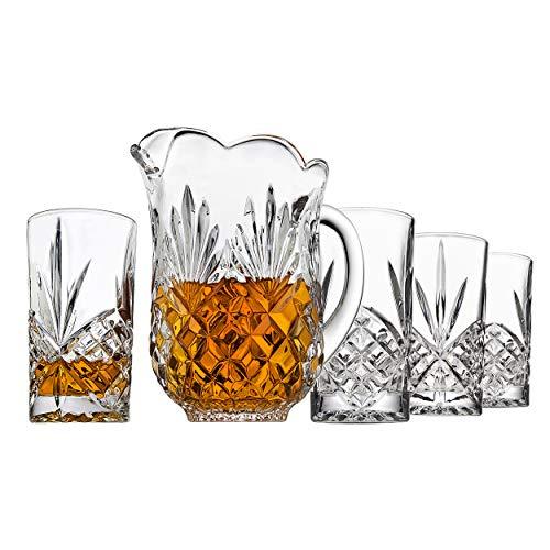 Elegant Crystal Pitcher Drinkware Set with 4 Crystal highball Tumblers, Beautiful Jug with handle and Spout for Chilled Beverage Homemade Juice, Iced Tea or Water - Le'raze by G&L Decor Inc