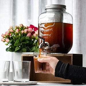 Cold Brew Coffee Maker Drink Dispenser & Premium Stainless Steel Weaved Mesh Coffee Filter & SS Spigot, 1 Gallon Extra Thick Large Glass Carafe Iced Coffee Maker Serving Set & Tea Pitcher with Infuser - Le'raze by G&L Decor Inc