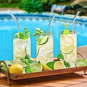 Set of 6 Ribbed Can Shaped Glass Cups with Glass Straws - 16oz Can Glass Drinking Glasses, Iced Coffee & Ice Tea Glasses, Clear Kitchen Tumbler Cup Cocktail Glass for Soda, Kiddush Cups & Sets - Le'raze by G&L Decor Inc