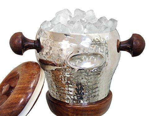 Le'raze Hammered 6-Inch Double Wall Stainless Steel Ice Bucket With Wood Handles and wood cover With Bonus Tongs - Le'raze by G&L Decor Inc