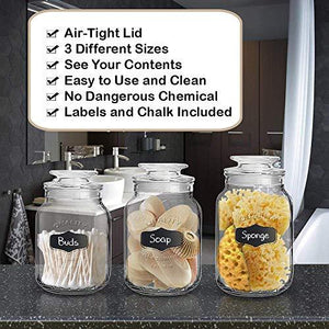 Glass Canister Set for Kitchen & Bathroom, Apothecary Food Storage Jars with Airtight Lid and Chalkboard Labels, Cookie & Candy Jar Containers - Le'raze by G&L Decor Inc