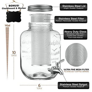 Cold Brew Coffee Maker Drink Dispenser & Premium Stainless Steel Weaved Mesh Coffee Filter & SS Spigot, 1 Gallon Extra Thick Large Glass Carafe Iced Coffee Maker Serving Set & Tea Pitcher with Infuser - Le'raze by G&L Decor Inc