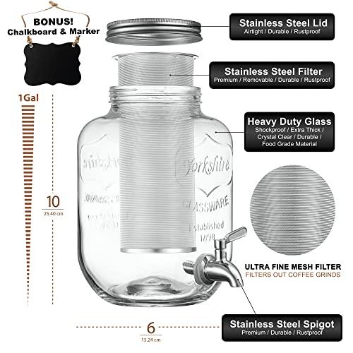 Cold Brew Coffee Maker with Stand - 1 Gallon Extra-Thick Glass Carafe & Stainless Steel Mesh Filter and Spigot - Premium Iced Coffee Maker, Cold