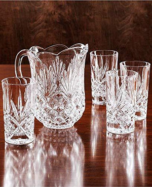 Elegant Crystal Pitcher Drinkware Set with 4 Crystal highball Tumblers, Beautiful Jug with handle and Spout for Chilled Beverage Homemade Juice, Iced Tea or Water - Le'raze by G&L Decor Inc
