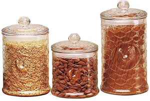 Set of 3 Country Rooster Design Canister Set, Quality Clear Glass Jars With Embossed Rooster, With Tight Lids for Bathroom or Kitchen, Food Storage Containers, Assorted Sizes Pantry Ware - Le'raze by G&L Decor Inc
