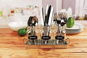 Mason Jar Flatware Caddy, Utensil Holder with Black Chalk Label on Galvanized Tray, Cutlery Organizer, Home and Party Drinkware Set - Le'raze by G&L Decor Inc