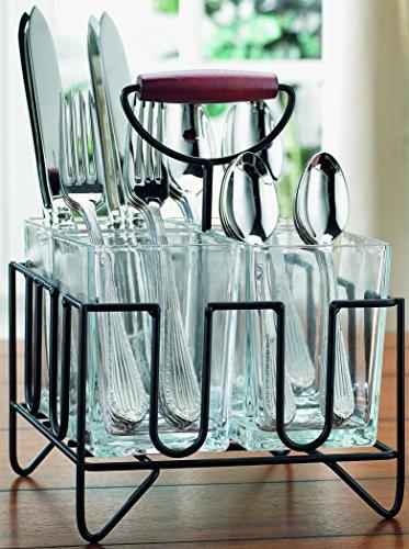 Home & Kitchen Glass 4 Compartment Utensil Flatware Cutlery Caddy Holder with Wooden Handle. For Utensil, Spatula, Silverware Holder for Kitchen Countertop Storage,Flower Vase Centerpiece - Le'raze by G&L Decor Inc