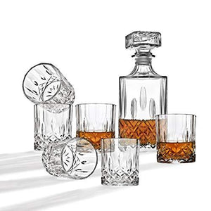 Le'raze 7 piece Whiskey Decanter & Glasses Bar Set, for Wine, whiskey and Liquor, Includes Whiskey Decanter with Ornate Stopper & 6 Cocktail Glasses - Le'raze by G&L Decor Inc
