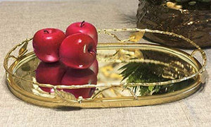 Beautiful Oval Shaped Mirror Tray with Gold Leaf Design, Elegant Oval Vanity Tray with Side Bars, Makes A Great Bling Gift - Le'raze Decor