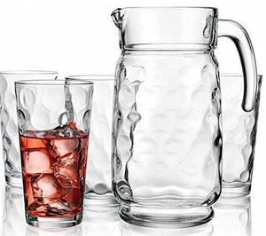 Elegant 5 Piece Entertainment Set – Carafe Water Pitcher – Four Highball Glasses – Stunning Ring Design – Premier Quality Glass – Decorative Drink Set - Le'raze by G&L Decor Inc