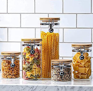 Set of 5 Round Canisters, Glass Kitchen Canister with Airtight Bamboo Clamp Lid, Glass Storage Jars for Kitchen, Bathroom and Pantry Organization Ideal for Flour, Sugar, Coffee, Candy, Snack and More - Le'raze by G&L Decor Inc