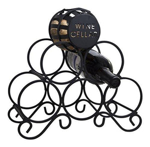Sleek Modern Circles Design Black Metal Freestanding Wine Rack with Cork Holder, 5 Bottle Wine Storage Shelf Rack, 2 Tier Wine Holder - Le'raze by G&L Decor Inc