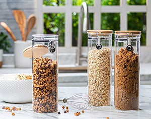 Set of 3 Tall Canisters, Glass Kitchen Canister with Airtight Bamboo Clamp Lid, Glass Storage Jars for Kitchen, Bathroom and Pantry Organization - Le'raze by G&L Decor Inc
