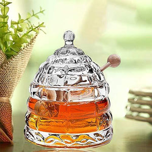 Elegant Honey Jar with Dipper and Lid, Glass Beehive Honey Pot for Honey and Jam - Le'raze by G&L Decor Inc