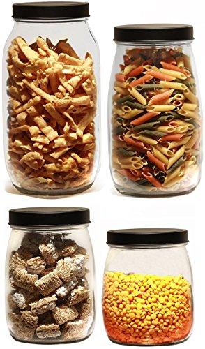 Set of 4 Glass kitchen Canister Set, Airtight Mason Container Jars, with Black Lids, 74oz, 54oz, 37oz and 27 Ounce, Holds Food, Coffee, Sugar Tea etc. - Le'raze by G&L Decor Inc