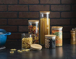Canister Set of 5, Glass Kitchen Canisters with Airtight Bamboo Lid, Glass Storage Jars for Kitchen, Bathroom and Pantry Organization Ideal for Flour, Sugar, Coffee, Candy, Snack and More - Le'raze Decor