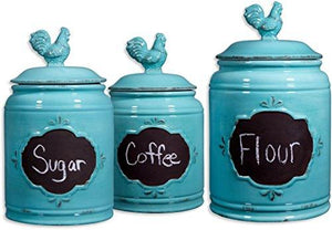Ceramic Aqua Jar with Rooster Finial Lid & Chalkboard, Single Canister, Classic Vintage Design for Flour, Sugar, Cookies - 62oz. - Le'raze by G&L Decor Inc