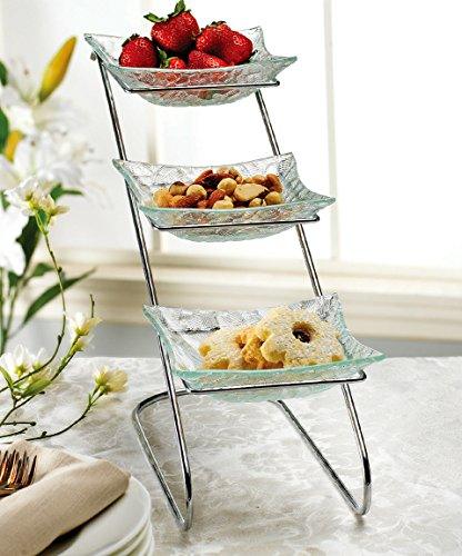 Elegant Food Serving Stand 3 Tier Metal Display with 3 Clear Square Glass Platters | Perfect for Party Foods, Desserts, Fruit and Appetizers - Le'raze by G&L Decor Inc