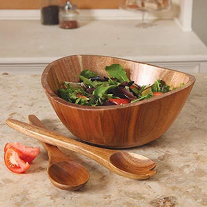 Elegant Wooden Salad Bowl with Serving Fork and Spoon for Mixing and Serving, Acacia Wood Serving Bowl for Fruits and Salads - Le'raze by G&L Decor Inc