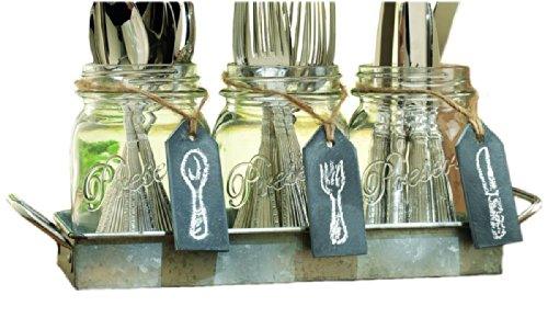 Set of 3 Clear Glass Mason Jars with Hanging Chalkboards on Galvanized Tray with Handles, Flatware Caddy Organizer Set for Home & Parties - Le'raze by G&L Decor Inc