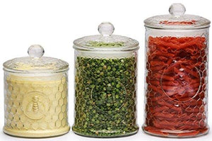 Set of 3 - Beehive Design Glass Storage Jars, Perfect for Storing Coffee, Sugar, Flour, or Sweets, Keeps Bugs Out 33 oz, 49 oz, 60 oz, - Le'raze by G&L Decor Inc