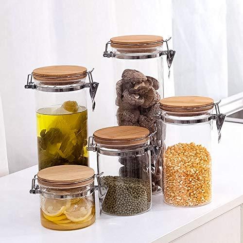 Set of 5 Kitchen Canisters with Wood Lid Stackable Glass Food Jars Storage  Sugar or Spaghetti Container for Pantry