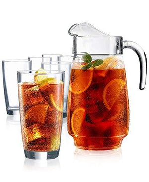 Glass Pitcher Drinkware Set with 6 Highball Tumblers, Beautiful Jug with handle and Spout for Chilled Beverage Homemade Juice, Iced Tea or Water - Le'raze by G&L Decor Inc