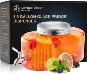 Glass Drink Dispenser for Fridge - 100% Leakproof Stainless Steel Spigot - Liquid Laundry Detergent Dispenser, Punch Bowl Beverage Dispenser for Parties, Water Dispenser Countertop, 5L Jug 1.32 Gallon - Le'raze by G&L Decor Inc