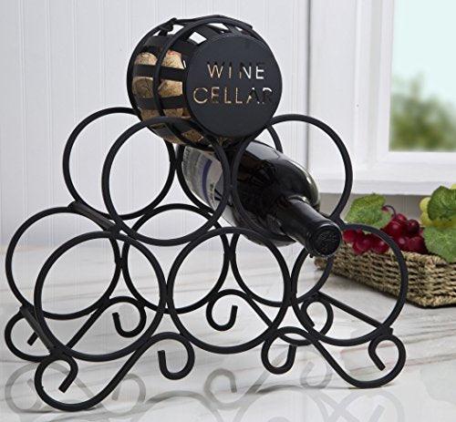 Sleek Modern Circles Design Black Metal Freestanding Wine Rack with Cork Holder, 5 Bottle Wine Storage Shelf Rack, 2 Tier Wine Holder - Le'raze by G&L Decor Inc