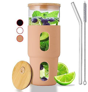 32oz Drinking Glass Tumbler with Bamboo Lid and Straw - Silicone Sleeve - Fits Car Cup Holder - Reusable Boba Smoothie Cup, Spill Proof Travel Water Bottle, Iced Coffee Tumbler, BPA Free - Amber. - Le'raze by G&L Decor Inc