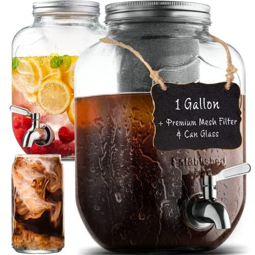 1 Gallon Cold Brew Coffee Maker, with 3rd Generation Mesh Filter & Stainless Steel Spigot, Extra Thick Large Glass Mason Jar Drink Dispenser Carafe, Iced Coffee Maker & Sun Tea Pitcher with Infuser. - Le'raze by G&L Decor Inc