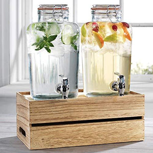 Outdoor Glass Beverage Dispenser + Wooden Base - 100% Leak Proof - Wide Mouth Easy Filling - Fun Party Glassware for Water, Iced Tea, Punch, Cold Drinks, 2-1 Gallon Mason Jars - Le'raze by G&L Decor Inc