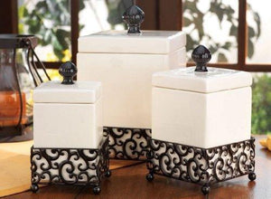 Durable Set of Three (3) Square Off White Ceramic with Pressed Metal Canisters with Lids ~ Storage & Home Decor Apothecary Jars Centerpiece, - Le'raze by G&L Decor Inc