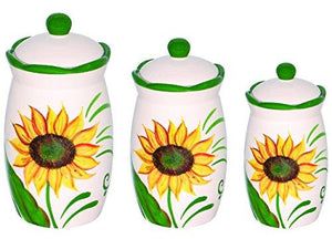Set of 3 Sunflower Design Hand Painted Ceramic Canister Jars with Tight Lids for Kitchen or Bathroom.quality Airtight Jar with Lids, with Wide Mouth, Looks Great on Your Kitchen Counters