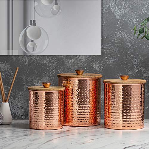 Copper Canisters Set for The Kitchen - Set of 3 Flour and Sugar Containers with Airtight Wooden Lid - Food Storage Jars For Kitchen Counter, Bathroom And Pantry Organization - Le'raze by G&L Decor Inc