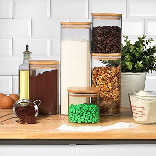Set of 5 Square Canisters, Glass Kitchen Canister with Airtight