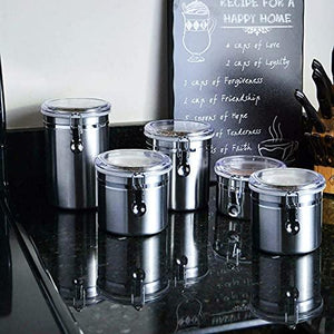 Beautiful 5-Piece Stainless Steel Airtight Canister Set, Food Storage Container & Caddy for Kitchen Counter with Clear Acrylic Lid n' Locking Clamp - Le'raze by G&L Decor Inc