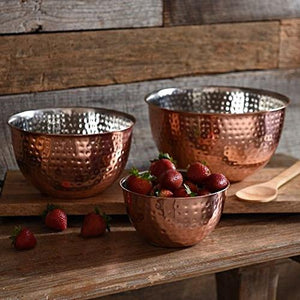 Set Of 3 Copper Hammered Mixing Bowls With Stainless Steel Interior Finish Nesting Bowls, Chef Cookware Set, - Le'raze by G&L Decor Inc
