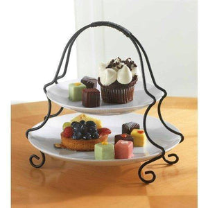 2 Tier Round Serving Platter- Tiered Cake Tray Stand- Food Server Display Plate, White Ceramic Plates With Metal Rack For Finger Food, Appetizers, Treats, Elegant Cake Display Ideal For Every Party - Le'raze by G&L Decor Inc