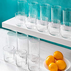 Set of 16 - Classic Line Textured Optic Design Highball Drinking Glasses | Tumbler Drinkware Set of 8 - 16oz. Coolers, and 8 - 10oz. OTRs - Le'raze by G&L Decor Inc