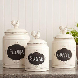 Set of 3 Ivory Ceramic Round Chalkboard Rooster Canister Jars with Tight Lids for Kitchen or Bathroom, Food Storage Containers, - Le'raze by G&L Decor Inc