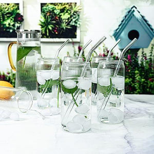 Le'raze Refresh in Style with our Set of 4 Ribbed Can Shaped Drinking Glasses - Includes Straws for Sipping Pleasure!
