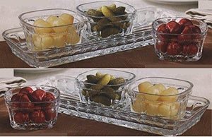 Set of 4 Crystal Appetizer Relish Dish, Three Square Appetizer and Snack Condiment Pots, And One Serving Tray, 4-Piece Serving Platter, Bowls - Le'raze by G&L Decor Inc
