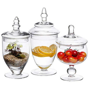 Set of Three (3) Mini Clear Glass Apothecary Jars Candy Buffet Jars, Assorted Footed Glass Canisters With Lids Home Decor Canisters Set - Le'raze by G&L Decor Inc