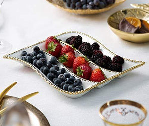 Elegant Serving Dish, White Porcelain Serving Platter with Gold Beaded Design - Le'raze by G&L Decor Inc