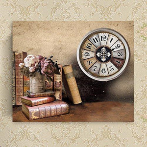 Decorative Wall Clock, Stunning Framed Canvas Wall Clock with Books and Floral Art, Battery Operated Metal Clock for Home, Living Room, Kitchen and Den - Le'raze by G&L Decor Inc