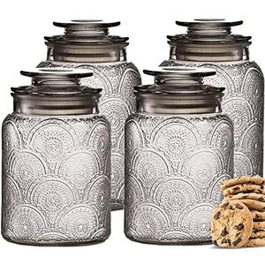 4pc Glass Canisters Set for Kitchen Counter with Airtight Lids – Vintage Retro Design - Pantry Organization Food Storage Containers for Cookies, Nut Bowl, Tea, Sugar, Candy Jars, Sugar Packet Holders. - Le'raze by G&L Decor Inc