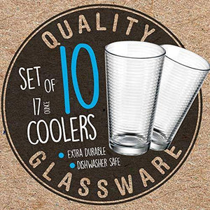 Attractive Highball Glasses, Durable Drinking Glasses [Set Of 10] for Water, Juice, Cocktails, Beer and Wine, Heavy Base Ribbed Glassware Set - 16 Ounce - Le'raze by G&L Decor Inc