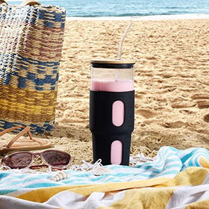 32oz Glass Tumbler with Straw & Bamboo Lid with Silicone Sleeve, Reusable Boba Smoothie Cup Iced Coffee Tumbler, Fits Cup Holder, Glass Water Bottle, BPA Free, Beer Mug & Stein Black - Le'raze by G&L Decor Inc